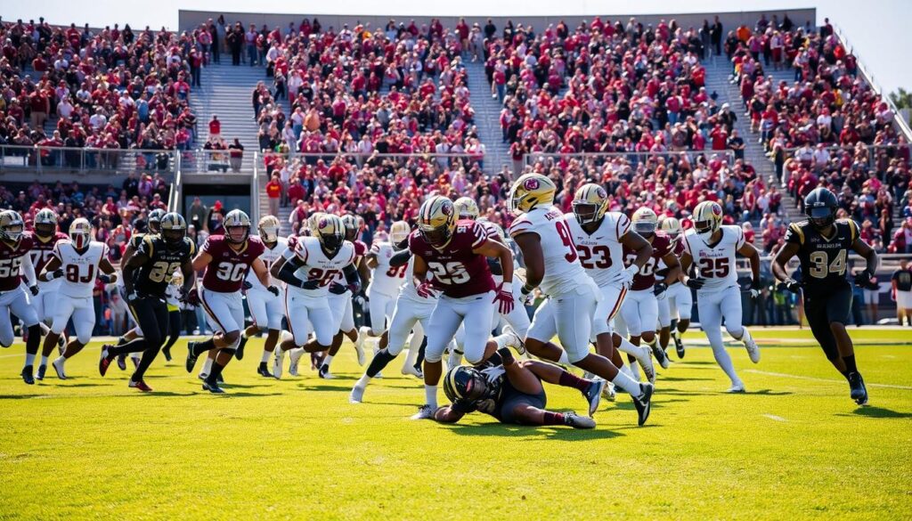 A high-intensity football game between Florida State University and Wake Forest University during the 2023 season. The action is captured on a crisp, sunlit field, with the opposing teams' helmets and uniforms in sharp focus. In the foreground, players from both sides collide in a fierce struggle for possession, their faces etched with determination. The middle ground is a blur of movement, as the rest of the players race across the turf. In the background, the stadium stands rise up, filled with a raucous crowd cheering on their respective teams. The lighting is natural and dynamic, casting deep shadows and highlights that accentuate the players' powerful movements. The overall tone is one of intense competition and high-stakes drama, perfectly capturing the essence of this crucial ACC matchup.