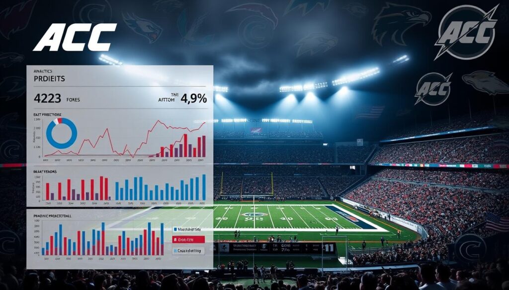A high-quality sports analytics report displaying detailed statistical projections and predictive analysis for an upcoming Atlantic Coast Conference (ACC) football matchup. The foreground features a large, dynamic data visualization dashboard with charts, graphs, and performance metrics for the opposing teams. The middle ground showcases a wide-angle view of a college football stadium under dramatic, moody lighting, hinting at the intensity of the upcoming clash. The background is filled with a collage of team logos, player headshots, and other ACC branding elements, creating an immersive, data-driven atmosphere befitting a big-time conference showdown.
