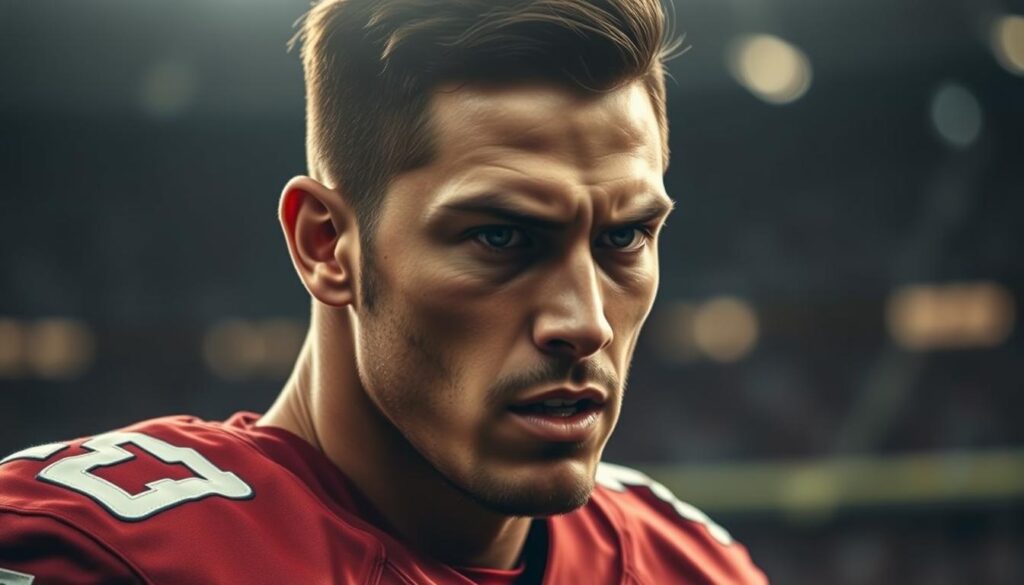 A close-up portrait of football player Tommy Castellanos, set against a blurred stadium backdrop. Castellanos is shown in mid-motion, with intense focus and determination on his face. Dramatic side lighting accentuates the chiseled features and intensity of his expression. The image has a cinematic, high-contrast look, with a shallow depth of field that draws the viewer's attention to the player's face and upper body. The overall atmosphere conveys a sense of high-stakes competition and the gravity of the player matchup.