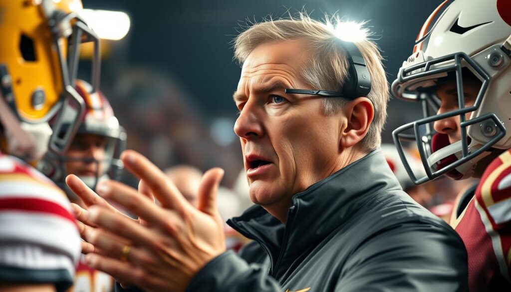 A close-up view of a college football coach gesturing animatedly on the sideline, surrounded by players in uniform. The coach's face is intense, brows furrowed, as he provides in-depth commentary and tactical instructions to the team. Bright stadium lights cast a warm glow, highlighting the coach's expressions and the players' focused expressions. The background is slightly blurred, drawing the viewer's attention to the coach's body language and the energy of the moment. Subtle details like sweat on the coach's brow and the players' determined stances convey the high-stakes nature of the game.