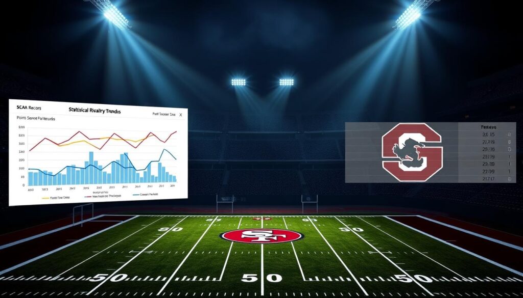 A data-rich visualization showcasing the statistical rivalry trends between two NCAA football powerhouses, set against a backdrop of a dimly-lit stadium. The foreground features a sleek infographic dashboard displaying line graphs, bar charts, and scatter plots that chart key metrics like points scored, turnovers, and head-to-head records over the last decade. The middle ground depicts a 3D-rendered football field, with the two team logos subtly integrated into the playing surface. The background showcases a panoramic view of the empty stadium, bathed in a moody, dramatic lighting that casts long shadows across the scene, creating a sense of intensity and competition.