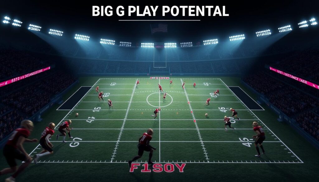 A detailed, data-driven football play diagram illuminates the "Big Play Potential" of the upcoming FSU game. In the foreground, players move dynamically, their formations and routes precisely mapped. Midground shows an overhead view of the field, with down and distance markers, yard lines, and other key stats. The background features a dimly lit stadium, with light streaming in from the sides, creating an immersive, technical atmosphere. The overall composition balances the strategic elements of the game plan with the visceral energy of the matchup. A detailed, data-driven football play diagram illuminates the "Big Play Potential" of the upcoming FSU game. In the foreground, players move dynamically, their formations and routes precisely mapped. Midground shows an overhead view of the field, with down and distance markers, yard lines, and other key stats. The background features a dimly lit stadium, with light streaming in from the sides, creating an immersive, technical atmosphere. The overall composition balances the strategic elements of the game plan with the visceral energy of the matchup.
