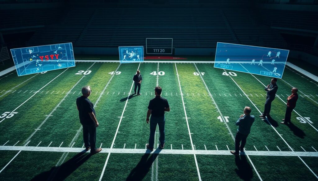 A detailed football field with grid lines, hash marks, and yard markers. On the field, strategists scrutinize holographic game plan scenarios, each representing a different play or in-game situation. Coaches and players intently analyze these vivid, interactive projections, studying the positioning and movements of the teams. The lighting is dramatic, with strong shadows and highlights, creating a tense, serious atmosphere. The camera angle is slightly elevated, providing a comprehensive view of the field and the strategic planning unfolding. A detailed football field with grid lines, hash marks, and yard markers. On the field, strategists scrutinize holographic game plan scenarios, each representing a different play or in-game situation. Coaches and players intently analyze these vivid, interactive projections, studying the positioning and movements of the teams. The lighting is dramatic, with strong shadows and highlights, creating a tense, serious atmosphere. The camera angle is slightly elevated, providing a comprehensive view of the field and the strategic planning unfolding.