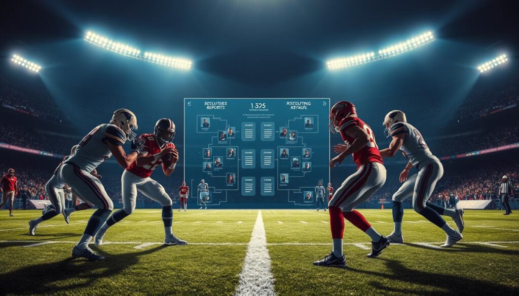 A football field bathed in dramatic lighting, showcasing a detailed roster analysis of potential mismatches between two opposing teams. In the foreground, players in their uniforms engage in intense one-on-one battles, their physical attributes and skills highlighted. In the middle ground, a holographic display presents statistical data and scouting reports, providing insights into the tactical advantages and disadvantages. The background features a panoramic view of the stadium, with the crowd's silhouettes creating an atmosphere of high-stakes competition. The overall scene conveys the strategic depth and visual intensity of a critical football matchup. A football field bathed in dramatic lighting, showcasing a detailed roster analysis of potential mismatches between two opposing teams. In the foreground, players in their uniforms engage in intense one-on-one battles, their physical attributes and skills highlighted. In the middle ground, a holographic display presents statistical data and scouting reports, providing insights into the tactical advantages and disadvantages. The background features a panoramic view of the stadium, with the crowd's silhouettes creating an atmosphere of high-stakes competition. The overall scene conveys the strategic depth and visual intensity of a critical football matchup.