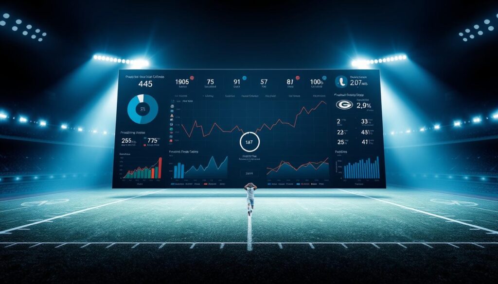 A high-contrast, data-driven visualization depicting a football analytics prediction chart. The foreground features a sleek, modern dashboard displaying various statistical metrics and projected outcomes for an upcoming football matchup. Detailed charts, graphs, and metrics are cleanly arranged, conveying a sense of analytical precision. The middle ground showcases a football field rendered in a minimalist, futuristic style, with dynamic player icons and real-time data overlays. The background is a subtle gradient, drawing focus to the central predictive analytics display. Dramatic lighting, with a cool color palette and crisp shadows, creates an atmosphere of cutting-edge sports intelligence and strategic decision-making. A high-contrast, data-driven visualization depicting a football analytics prediction chart. The foreground features a sleek, modern dashboard displaying various statistical metrics and projected outcomes for an upcoming football matchup. Detailed charts, graphs, and metrics are cleanly arranged, conveying a sense of analytical precision. The middle ground showcases a football field rendered in a minimalist, futuristic style, with dynamic player icons and real-time data overlays. The background is a subtle gradient, drawing focus to the central predictive analytics display. Dramatic lighting, with a cool color palette and crisp shadows, creates an atmosphere of cutting-edge sports intelligence and strategic decision-making.