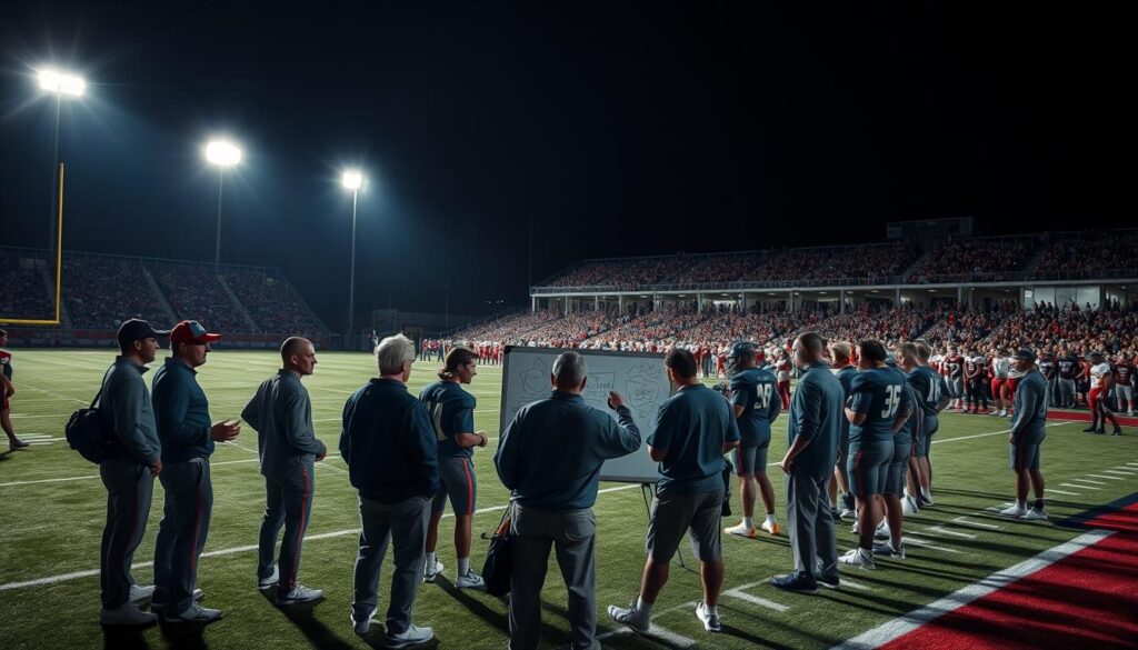 A stadium field at night, floodlights casting long shadows as the home team emerges from the tunnel, their faces determined. In the foreground, a group of coaches huddled around a whiteboard, drawing up a complex play. The middle ground shows players in uniform, listening intently, while the background teems with a roaring crowd. The scene radiates an air of anticipation and strategic surprise, hinting at the unexpected tactics about to unfold on the gridiron. A stadium field at night, floodlights casting long shadows as the home team emerges from the tunnel, their faces determined. In the foreground, a group of coaches huddled around a whiteboard, drawing up a complex play. The middle ground shows players in uniform, listening intently, while the background teems with a roaring crowd. The scene radiates an air of anticipation and strategic surprise, hinting at the unexpected tactics about to unfold on the gridiron.