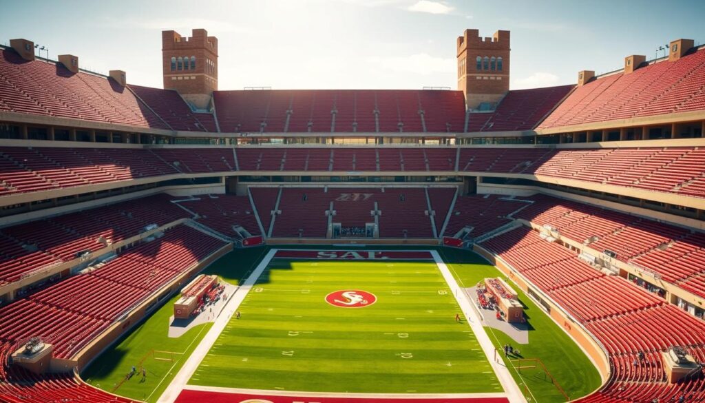 A sweeping panoramic view of Doak Campbell Stadium, home of the Florida State Seminoles. The camera is positioned high up in the grandstand, capturing a broad perspective of the field and seating areas below. The turf is a rich, verdant green, meticulously maintained for game day. Rows of crimson and gold seats stretch out in a gentle arc, creating a sense of scale and grandeur. Bright natural light filters in, casting warm, dramatic shadows across the stadium. The architecture features classic collegiate Gothic design elements, with towers and buttresses framing the scene. An air of anticipation and excitement permeates the atmosphere, as if the stadium is eagerly awaiting the arrival of loyal Seminole fans.