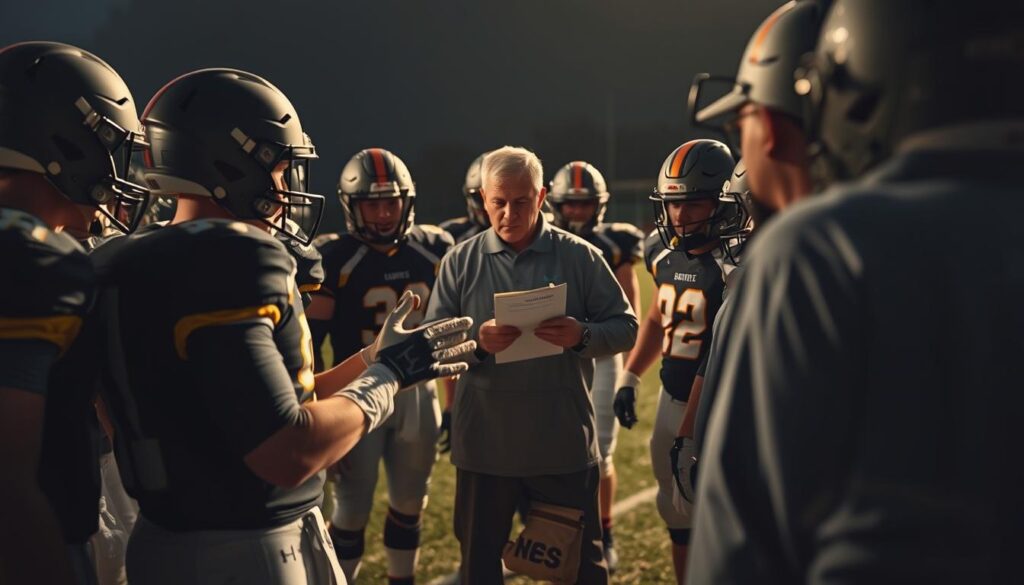 A tactical football huddle on a dimly lit field, with players and coaches intently discussing game plan adjustments. Soft, warm lighting casts shadows and highlights the intensity of their expressions. The foreground features a close-up of the quarterback gesturing emphatically, surrounded by the team's offensive line. In the middle ground, the head coach points to a clipboard, explaining nuanced changes to their strategy. The background blurs out, focusing the viewer's attention on the pivotal halftime discussion as the team prepares to surge ahead in the second half. A tactical football huddle on a dimly lit field, with players and coaches intently discussing game plan adjustments. Soft, warm lighting casts shadows and highlights the intensity of their expressions. The foreground features a close-up of the quarterback gesturing emphatically, surrounded by the team's offensive line. In the middle ground, the head coach points to a clipboard, explaining nuanced changes to their strategy. The background blurs out, focusing the viewer's attention on the pivotal halftime discussion as the team prepares to surge ahead in the second half.