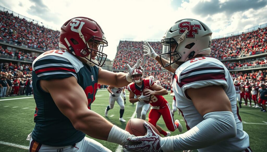 A tense and dramatic college football rivalry game, with the result having a significant impact on the teams' season outcomes. In the foreground, two opposing players locked in an intense physical confrontation, faces etched with determination and rivalry. In the middle ground, the stadiums' stands are filled with passionate fans, their animated gestures and expressions capturing the high-stakes atmosphere. The background features a wide-angle view of the field, the opposing teams' uniforms clashing as they battle for possession of the ball, the outcome hanging in the balance. Dramatic lighting casts long shadows, heightening the sense of drama, while a wide-angle lens captures the full scope of the rivalry's impact on the game and season.