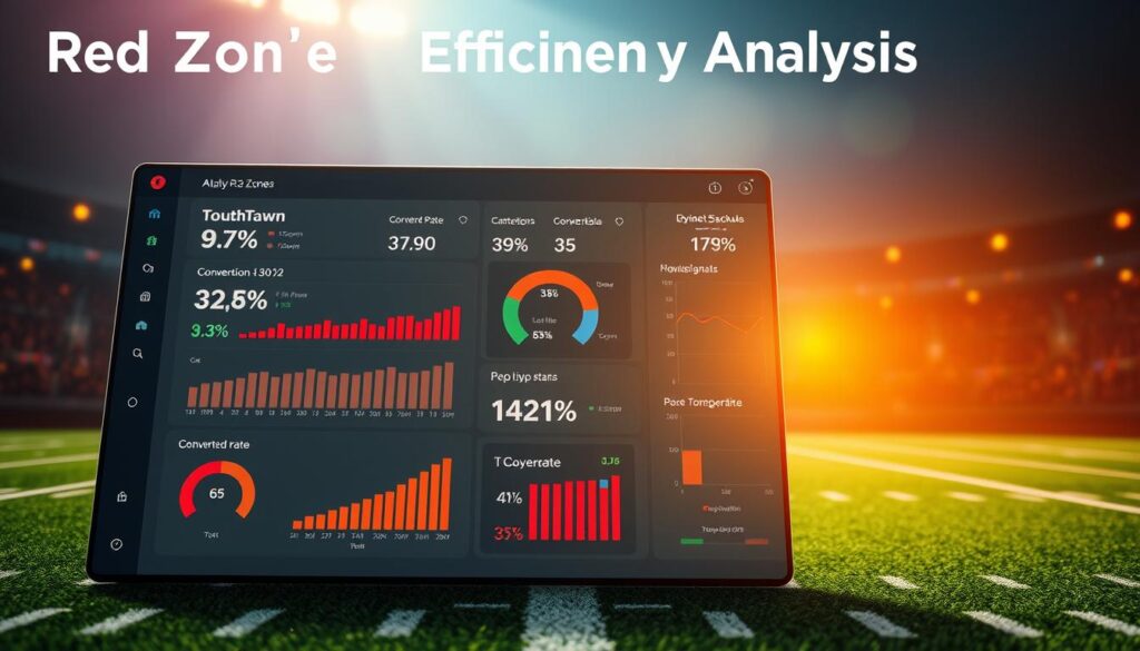 A vibrant, data-driven visualization of "Red Zone Efficiency Analysis". A sleek, high-tech dashboard dominates the foreground, showcasing key metrics and analytics against a backdrop of a football field. The dashboard features bold, minimalist infographics highlighting red zone touchdown percentage, conversion rate, and other crucial stats. Soft, dramatic lighting casts a warm glow, creating a sense of intensity and focus. The camera is positioned at a slightly elevated, dynamic angle to enhance the authoritative, analytical feel. The overall aesthetic is clean, modern, and designed to quickly convey the essential insights into a team's red zone performance.