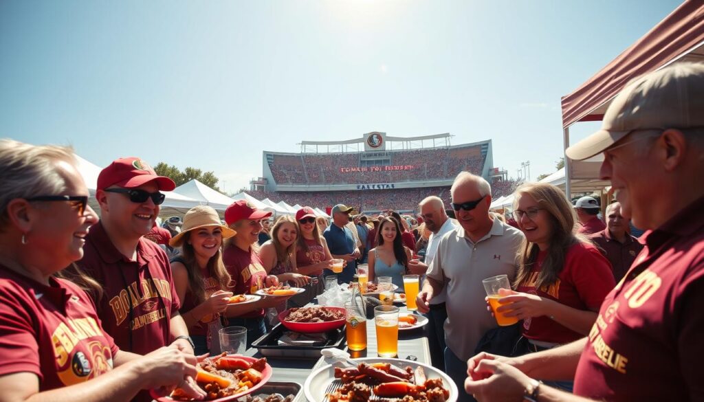 A vibrant scene of an FSU tailgating tradition, with alumni gathered under the warm glow of the afternoon sun. In the foreground, a lively group of friends clad in garnet and gold, laughing and sharing stories over plates of barbecue and cold beverages. The middle ground features a backdrop of tents and canopies, creating a cozy and communal atmosphere. In the background, the iconic Doak Campbell Stadium stands tall, its imposing architecture a testament to the long-standing Seminole pride. The image is captured with a wide-angle lens, allowing the viewer to soak in the energy and camaraderie of this beloved gameday ritual.