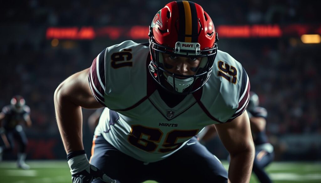 A well-lit, high-contrast action scene of a defensive player in the middle of a football game, their body tense and poised, eyes focused intently on the field. The player's uniform is detailed, showcasing the team colors and logo. The background is blurred, emphasizing the player's intensity and the importance of their defensive role. Dramatic lighting creates shadows and highlights the player's determination, captured in a dynamic, cinematic composition that conveys the defensive game impact.