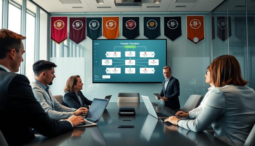 A college football coaching staff in a modern conference room strategizing for incoming player transfers. In the foreground, several professional men and women, dressed in business attire, are intently discussing transfer options while examining player profiles on laptops and tablets. The middle ground showcases a large digital screen displaying a strategic flowchart, highlighting key player statistics and team needs. The background features a glass wall adorned with team banners and football memorabilia, creating a sporty yet professional atmosphere. Soft, focused lighting enhances the serious mood of collaboration. The scene is captured with a wide-angle lens to provide a dynamic view of teamwork and strategy in action.