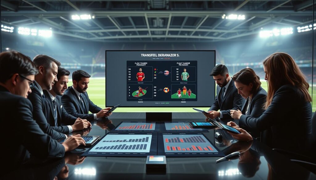 A dramatic scene showcasing a dynamic football transfer analysis meeting. In the foreground, a diverse group of professionals in smart business attire, including men and women of various ethnicities, are gathered around a sleek conference table, engrossed in discussing player stats on digital tablets. The middle ground features a large screen displaying comparative graphs and player career timelines, emphasizing pre and post-transfer performances. In the background, a blurred view of a football stadium adds context, with bright stadium lights casting a focused glow on the meeting. The mood is intense and collaborative, with an emphasis on strategic planning and teamwork. The angle is slightly above eye level, giving an overview of the professionals deep in analysis. A dramatic scene showcasing a dynamic football transfer analysis meeting. In the foreground, a diverse group of professionals in smart business attire, including men and women of various ethnicities, are gathered around a sleek conference table, engrossed in discussing player stats on digital tablets. The middle ground features a large screen displaying comparative graphs and player career timelines, emphasizing pre and post-transfer performances. In the background, a blurred view of a football stadium adds context, with bright stadium lights casting a focused glow on the meeting. The mood is intense and collaborative, with an emphasis on strategic planning and teamwork. The angle is slightly above eye level, giving an overview of the professionals deep in analysis.