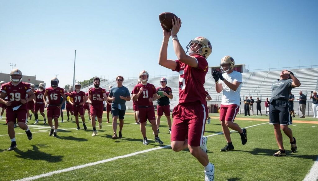 A dynamic college football tryout scene at FSU, showcasing athletes in modest athletic gear, demonstrating their skills on an outdoor practice field. In the foreground, a diverse group of hopeful walk-ons is engaged in drills, including sprinting, catching, and throwing the football, with determination on their faces. The middle ground features coaches observing closely with clipboards, offering feedback, and timing athletes with stopwatches, embodying a supportive atmosphere. In the background, the stands of a stadium are partially visible under a clear blue sky, with a few spectators watching. Bright, natural lighting enhances the energy of the scene, captured with a slightly low angle to emphasize the action and urgency of the tryout process. The mood is intense yet encouraging, reflecting the commitment and aspirations of the athletes.