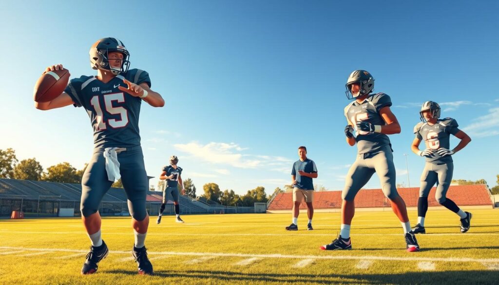 A dynamic illustration capturing a group of college football recruits in professional athletic gear, showcasing their skills in an intense practice setting. In the foreground, a standout player is executing a precise pass, while two teammates demonstrate strategic footwork and agility training. In the middle ground, a coach with a clipboard observes closely, offering guidance, embodying a focused yet encouraging atmosphere. The background reveals a well-maintained football field under a vivid blue sky, emphasizing the excitement of pre-season training. Soft golden hour lighting casts warm tones, enhancing the vibrant colors of their uniforms. The scene conveys determination, teamwork, and the essence of fitting into a competitive scheme, invoking a sense of potential and ambition. A dynamic illustration capturing a group of college football recruits in professional athletic gear, showcasing their skills in an intense practice setting. In the foreground, a standout player is executing a precise pass, while two teammates demonstrate strategic footwork and agility training. In the middle ground, a coach with a clipboard observes closely, offering guidance, embodying a focused yet encouraging atmosphere. The background reveals a well-maintained football field under a vivid blue sky, emphasizing the excitement of pre-season training. Soft golden hour lighting casts warm tones, enhancing the vibrant colors of their uniforms. The scene conveys determination, teamwork, and the essence of fitting into a competitive scheme, invoking a sense of potential and ambition.