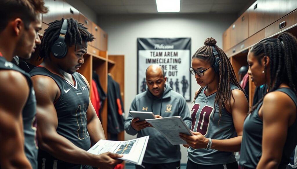 A dynamic scene inside a college locker room, highlighting a diverse group of young athletes in professional sports training gear. In the foreground, two male and two female athletes are engaging in an intense discussion while examining a playbook, showcasing determination and teamwork. In the middle ground, a coach reviews player stats on a tablet, signaling areas needing immediate improvement. The background features athletic equipment and a motivational poster emphasizing teamwork and dedication. The lighting is bright and focused, resembling the energy of a bustling training environment, with a slight lens blur to emphasize the action in the foreground. The overall mood conveys urgency and potential, capturing the essence of upcoming contributions in a competitive setting. A dynamic scene inside a college locker room, highlighting a diverse group of young athletes in professional sports training gear. In the foreground, two male and two female athletes are engaging in an intense discussion while examining a playbook, showcasing determination and teamwork. In the middle ground, a coach reviews player stats on a tablet, signaling areas needing immediate improvement. The background features athletic equipment and a motivational poster emphasizing teamwork and dedication. The lighting is bright and focused, resembling the energy of a bustling training environment, with a slight lens blur to emphasize the action in the foreground. The overall mood conveys urgency and potential, capturing the essence of upcoming contributions in a competitive setting.