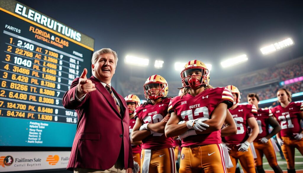 A dynamic scene showcasing Florida State's football recruiting class ranking, with an emphasis on star recruits. In the foreground, an enthusiastic coach in professional attire gestures towards a large digital screen displaying impressive statistics and rankings, exuding confidence and excitement. In the middle ground, several young athletes in football gear stand proudly, showcasing their school colors, their expressions filled with determination and promise. The background features FSU's iconic football stadium under bright stadium lights, creating an electrifying atmosphere. The overall mood conveys optimism and ambition, highlighting the importance of signing day. The lighting is vibrant and focused, enhancing the details on the recruits' uniforms and the coach's expression, captured with a wide-angle lens to encompass the energy of the event.