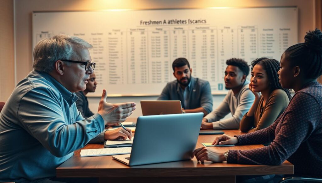 A group of diverse coaches seated around a wooden conference table, deeply engaged in a discussion about freshmen athletes, showcasing their enthusiasm and insights. In the foreground, a middle-aged coach with glasses gestures animatedly, while a young female coach takes notes, displaying a laptop open with statistics visible. In the middle ground, another coach leans forward, sharing his thoughts, emphasizing the anticipation surrounding new talent. The background features a large whiteboard filled with player statistics and game strategies, softly illuminated by warm overhead lighting to create an inviting atmosphere. Capture this scene using a slightly low angle to emphasize the coaches' engagement, with a focus on the expressions of determination and hope on their faces. The mood is one of camaraderie and professional insight, reflecting the excitement of fresh talent entering the sports world. A group of diverse coaches seated around a wooden conference table, deeply engaged in a discussion about freshmen athletes, showcasing their enthusiasm and insights. In the foreground, a middle-aged coach with glasses gestures animatedly, while a young female coach takes notes, displaying a laptop open with statistics visible. In the middle ground, another coach leans forward, sharing his thoughts, emphasizing the anticipation surrounding new talent. The background features a large whiteboard filled with player statistics and game strategies, softly illuminated by warm overhead lighting to create an inviting atmosphere. Capture this scene using a slightly low angle to emphasize the coaches' engagement, with a focus on the expressions of determination and hope on their faces. The mood is one of camaraderie and professional insight, reflecting the excitement of fresh talent entering the sports world.