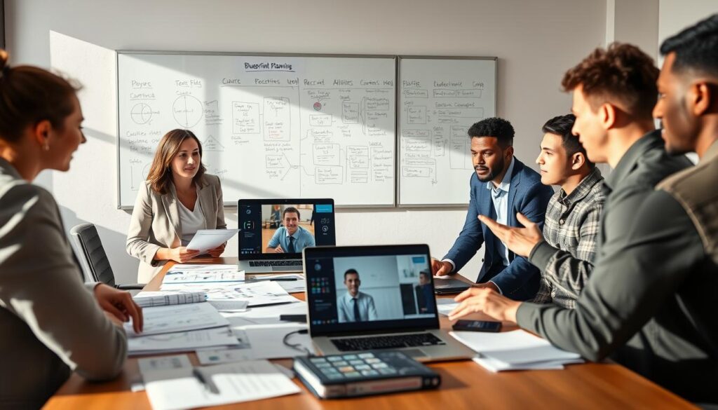 A professional and dynamic meeting setting featuring a diverse group of individuals engaged in "talent evaluation blueprint planning." In the foreground, a female recruiter in business attire is discussing strategies with a diverse male scout, both focused on a large portfolio of high school athlete profiles. In the middle, a large table is cluttered with charts, performance statistics, and a laptop displaying a video call with a high school coach. The background showcases a whiteboard filled with notes and diagrams relating to player development and recruitment. The lighting is bright and natural, with soft shadows, creating an atmosphere of collaboration and focus. The camera angle is slightly elevated, capturing the intensity and camaraderie of the planning session. A professional and dynamic meeting setting featuring a diverse group of individuals engaged in "talent evaluation blueprint planning." In the foreground, a female recruiter in business attire is discussing strategies with a diverse male scout, both focused on a large portfolio of high school athlete profiles. In the middle, a large table is cluttered with charts, performance statistics, and a laptop displaying a video call with a high school coach. The background showcases a whiteboard filled with notes and diagrams relating to player development and recruitment. The lighting is bright and natural, with soft shadows, creating an atmosphere of collaboration and focus. The camera angle is slightly elevated, capturing the intensity and camaraderie of the planning session.