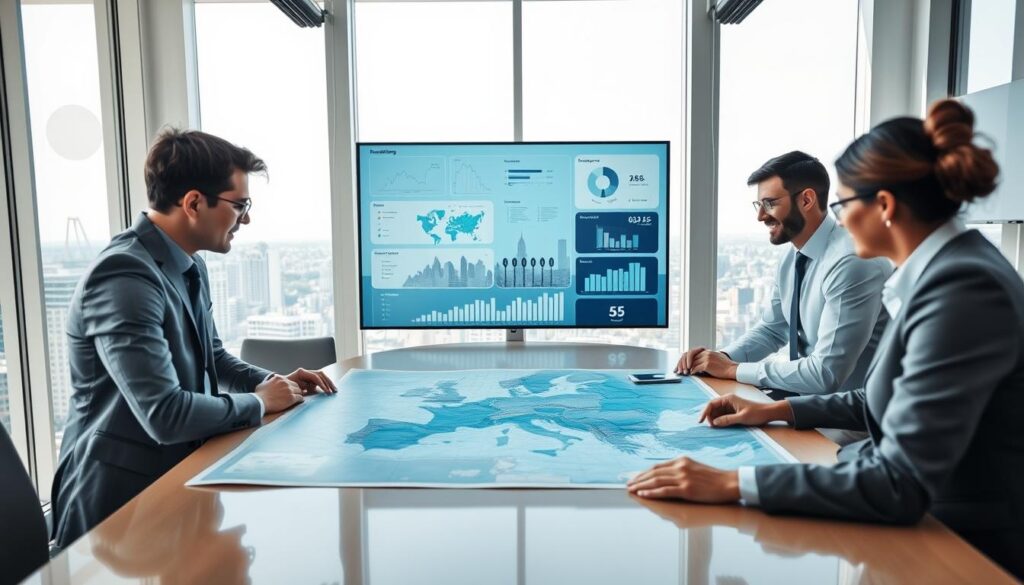 A professional strategic planning session set in a bright, modern conference room. In the foreground, a diverse group of professional individuals in business attire is gathered around a large, oval table, examining a detailed geographic map spread out before them. The middle layer features a digital screen displaying recruitment analytics and geographic data overlays, showcasing potential recruiting regions with dynamic graphs and charts. In the background, large windows reveal a sunny outdoor scene with a city skyline, symbolizing the outreach to metropolitan areas. The lighting is bright and inviting, with soft shadows adding depth. The mood is focused and collaborative, reflecting innovative thinking and strategic foresight. The perspective is slightly elevated, capturing both the group’s engagement and the tools of their discussion effectively. A professional strategic planning session set in a bright, modern conference room. In the foreground, a diverse group of professional individuals in business attire is gathered around a large, oval table, examining a detailed geographic map spread out before them. The middle layer features a digital screen displaying recruitment analytics and geographic data overlays, showcasing potential recruiting regions with dynamic graphs and charts. In the background, large windows reveal a sunny outdoor scene with a city skyline, symbolizing the outreach to metropolitan areas. The lighting is bright and inviting, with soft shadows adding depth. The mood is focused and collaborative, reflecting innovative thinking and strategic foresight. The perspective is slightly elevated, capturing both the group’s engagement and the tools of their discussion effectively.