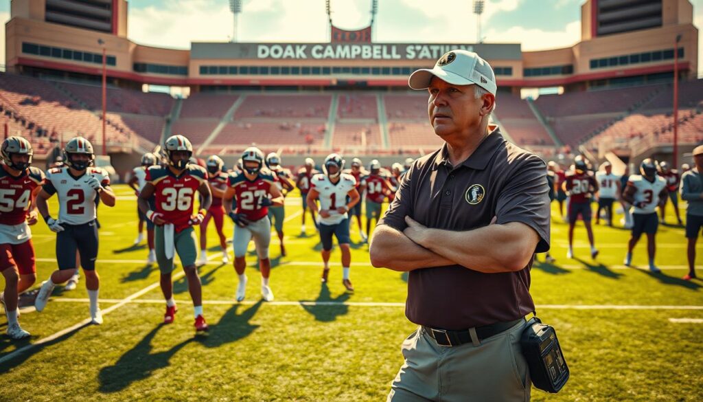 A vibrant and dynamic scene depicting a Florida State football practice, emphasizing the expectations from coaches for the 2024 class of recruits. In the foreground, a head coach, clad in a professional polo shirt and baseball cap, is demonstrating a drill to a group of diverse athletes in modern athletic gear, showcasing determination and focus. In the middle ground, recruits are engaged in various training activities, such as sprinting and practicing throws, under the watchful eye of assistant coaches. The background features the iconic Doak Campbell Stadium, bathed in warm afternoon sunlight creating a motivational atmosphere. The image captures a sense of teamwork, ambition, and preparation, with a slight tilt-angle lens perspective to enhance action and movement. The overall mood is energetic and inspiring, symbolizing the high expectations set for the new recruits. A vibrant and dynamic scene depicting a Florida State football practice, emphasizing the expectations from coaches for the 2024 class of recruits. In the foreground, a head coach, clad in a professional polo shirt and baseball cap, is demonstrating a drill to a group of diverse athletes in modern athletic gear, showcasing determination and focus. In the middle ground, recruits are engaged in various training activities, such as sprinting and practicing throws, under the watchful eye of assistant coaches. The background features the iconic Doak Campbell Stadium, bathed in warm afternoon sunlight creating a motivational atmosphere. The image captures a sense of teamwork, ambition, and preparation, with a slight tilt-angle lens perspective to enhance action and movement. The overall mood is energetic and inspiring, symbolizing the high expectations set for the new recruits.