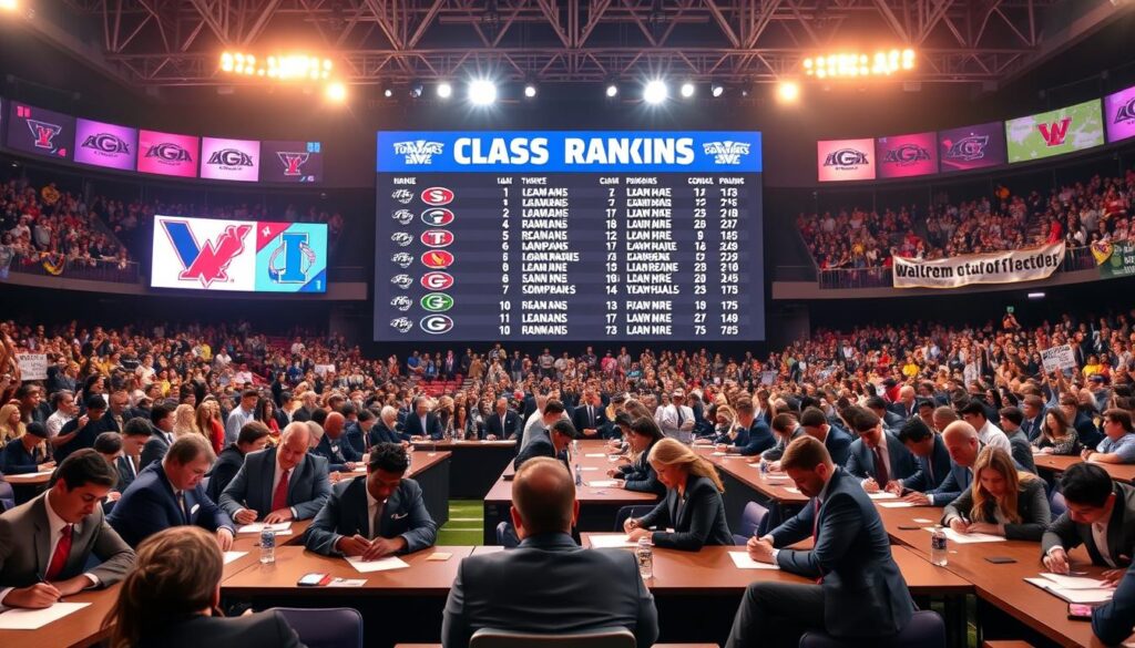 A vibrant and dynamic scene depicting a college football signing day event focused on class rankings. In the foreground, a diverse group of student-athletes, dressed in professional business attire, are seated at tables with coaches and family members, eagerly signing commitment papers. In the middle, a large digital leaderboard displaying various college football team logos and their respective class rankings, adorned with school colors. The background showcases a crowd of enthusiastic supporters, holding banners and flags, with stadium lights casting a warm glow over the scene. The atmosphere is filled with excitement and anticipation, with spotlights highlighting the main signing area. Use a wide-angle lens to capture the breadth of the event and ensure a lively, optimistic mood, emphasizing the importance of this day for the athletes and their future.