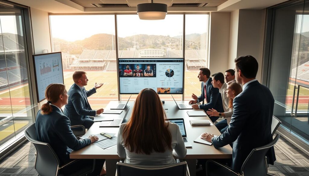 A vibrant college football transfer portal strategy scene, illustrating a conference room filled with animated discussions about player transfers. In the foreground, a diverse group of professionals in business attire passionately reviews strategic charts and player statistics on a large digital screen, their expressions focused and engaged. In the middle, a sleek conference table scattered with papers and laptops showcases analytical tools and visual data. The background features a football stadium’s goalposts visible through a large window, bathed in dynamic afternoon light. The atmosphere conveys a sense of urgency and determination, highlighting the intensity of the transfer portal strategy. Use a wide-angle lens to capture the entire room and create a dynamic composition with bright, natural lighting.