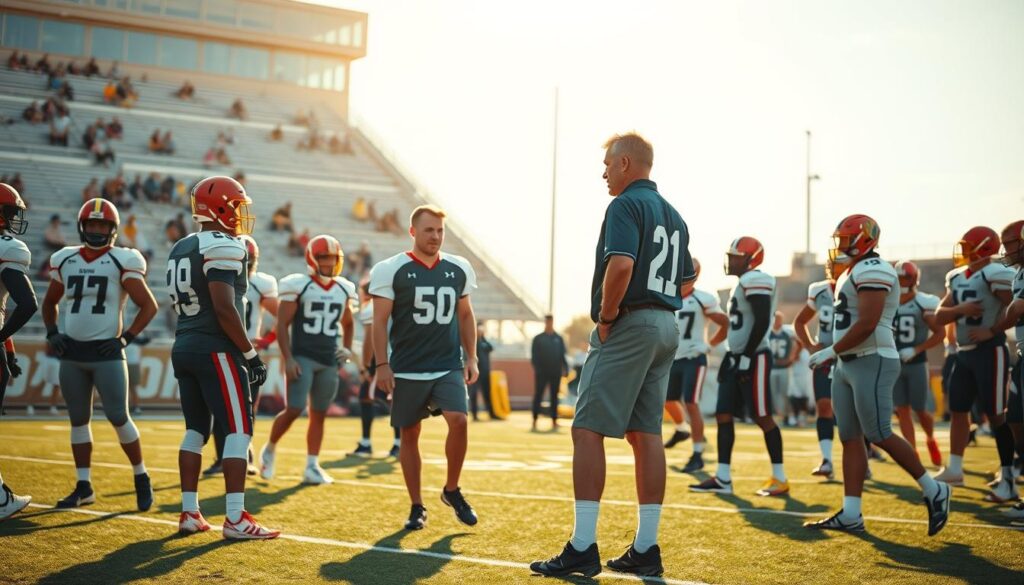 A vibrant scene depicting a college football team's walk-on players in practice. In the foreground, a diverse group of walk-ons, wearing practice jerseys and shorts, demonstrate teamwork and determination as they strategize on a football field. In the middle ground, a coach, dressed in a smart polo and shorts, observes closely, offering encouragement while assessing their skills. The background captures a sunlit football stadium with supporters in the stands, creating an atmosphere of enthusiasm and hope. The scene is bathed in warm golden hour lighting, emphasizing camaraderie and dedication. The angle is slightly elevated, providing a broad view of the intense practice session, highlighting the commitment of walk-ons striving for a roster spot.