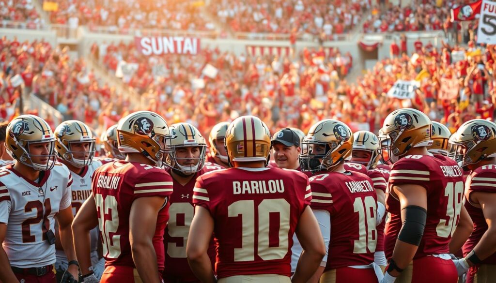 A vibrant scene depicting the Florida State University (FSU) football team in a moment of unity and teamwork. In the foreground, a diverse group of players, dressed in professional athletic wear, huddles together, showing determination and camaraderie with focused expressions. The middle ground features coaches and support staff, engaging with the team and encouraging discussions, embodying a spirit of collaboration. In the background, the FSU football stadium is filled with enthusiastic fans, waving banners and signs in support. The image is bathed in warm, golden lighting, suggesting late afternoon sun, with a soft focus on the background to emphasize the athletes' determination. The atmosphere is charged with energy, symbolizing the strength of team cohesion and the excitement of a competitive season ahead. A vibrant scene depicting the Florida State University (FSU) football team in a moment of unity and teamwork. In the foreground, a diverse group of players, dressed in professional athletic wear, huddles together, showing determination and camaraderie with focused expressions. The middle ground features coaches and support staff, engaging with the team and encouraging discussions, embodying a spirit of collaboration. In the background, the FSU football stadium is filled with enthusiastic fans, waving banners and signs in support. The image is bathed in warm, golden lighting, suggesting late afternoon sun, with a soft focus on the background to emphasize the athletes' determination. The atmosphere is charged with energy, symbolizing the strength of team cohesion and the excitement of a competitive season ahead.