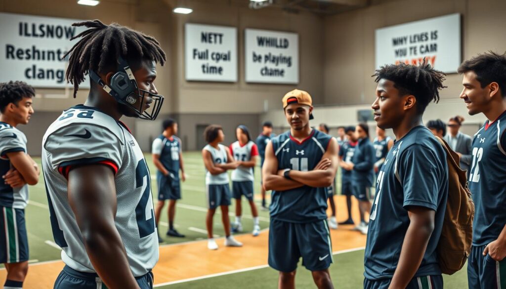 A vibrant sports environment depicting a diverse group of young athletes engaged in animated discussions about team culture and playing time. In the foreground, two players in professional athletic gear stand intensely discussing a strategy, showcasing their determination and teamwork. In the middle ground, other athletes engage in conversations, with expressions reflecting contemplation and ambition, symbolizing their motivations for seeking playing time. The background features a well-lit, bustling training facility with motivational banners and coaching staff observing from a distance, representing guidance. Soft, diffused lighting emphasizes the camaraderie and seriousness of the discussions, while a shallow depth of field focuses on the players, heightening the sense of importance surrounding their decisions. The overall mood is one of aspiration and determination, encapsulating the essence of athlete experiences. A vibrant sports environment depicting a diverse group of young athletes engaged in animated discussions about team culture and playing time. In the foreground, two players in professional athletic gear stand intensely discussing a strategy, showcasing their determination and teamwork. In the middle ground, other athletes engage in conversations, with expressions reflecting contemplation and ambition, symbolizing their motivations for seeking playing time. The background features a well-lit, bustling training facility with motivational banners and coaching staff observing from a distance, representing guidance. Soft, diffused lighting emphasizes the camaraderie and seriousness of the discussions, while a shallow depth of field focuses on the players, heightening the sense of importance surrounding their decisions. The overall mood is one of aspiration and determination, encapsulating the essence of athlete experiences.