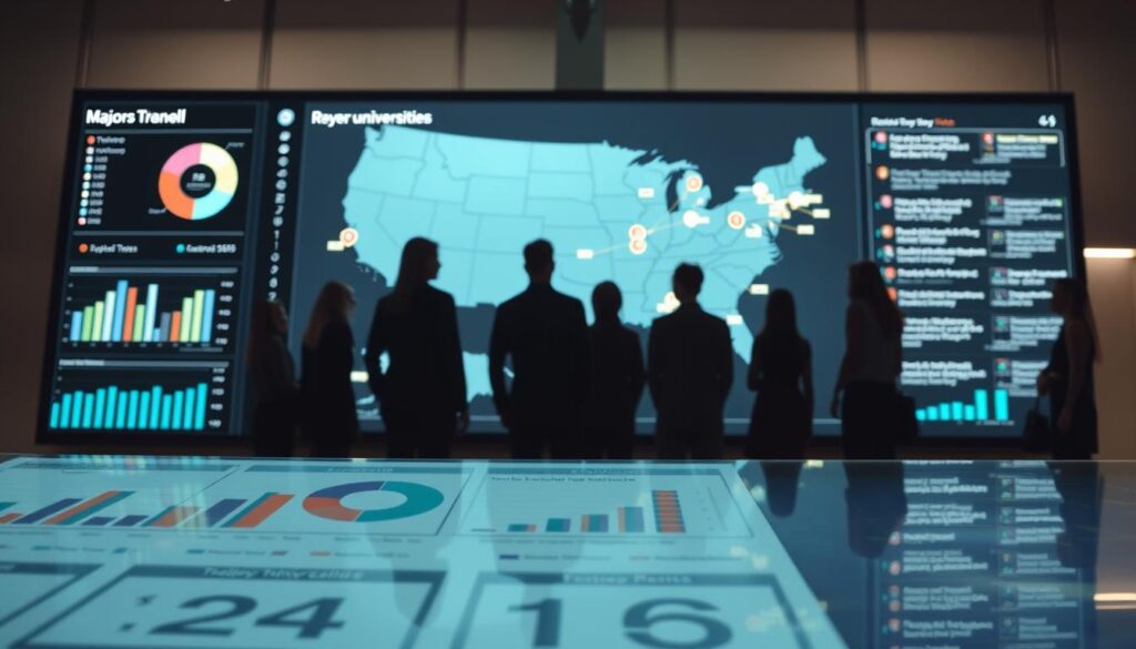 An analytical visual representation of NCAA portal transfer trends, focusing on data charts and statistics that illustrate player movement. In the foreground, a modern digital dashboard displays graphs and pie charts, highlighting key trends in player transfers from various universities. The middle layer features silhouettes of student-athletes in professional sports attire, looking towards the data, symbolizing their decisions. In the background, a large digital screen shows a map of the United States, pinpointing major universities involved in recent transfers, with glowing lines connecting them. The lighting is bright and focused on the dashboard, creating a professional atmosphere. The overall mood is reflective and analytical, emphasizing the significance of data-driven decisions in collegiate athletics. An analytical visual representation of NCAA portal transfer trends, focusing on data charts and statistics that illustrate player movement. In the foreground, a modern digital dashboard displays graphs and pie charts, highlighting key trends in player transfers from various universities. The middle layer features silhouettes of student-athletes in professional sports attire, looking towards the data, symbolizing their decisions. In the background, a large digital screen shows a map of the United States, pinpointing major universities involved in recent transfers, with glowing lines connecting them. The lighting is bright and focused on the dashboard, creating a professional atmosphere. The overall mood is reflective and analytical, emphasizing the significance of data-driven decisions in collegiate athletics.
