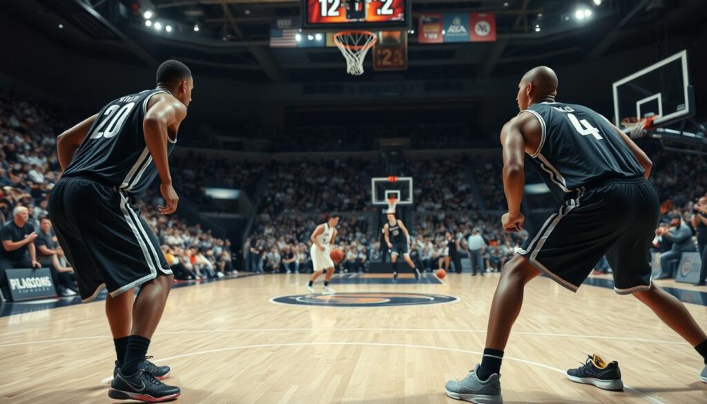A basketball court scene showcasing a strategic defensive setup known as "replacement strategy." In the foreground, two players in professional athletic gear demonstrate their positions, one preparing to guard an opponent while the other rotates to cover an open space. The middle ground features a dynamic, energetic player dribbling the ball, highlighting the need for the defensive shift. In the background, a bustling crowd watches intently under bright arena lights, creating an atmosphere of anticipation and focus. The angle captures the intensity of the moment, emphasizing the strategies being employed. The overall mood is competitive yet strategic, encapsulating the essence of teamwork and adaptability in basketball defense.