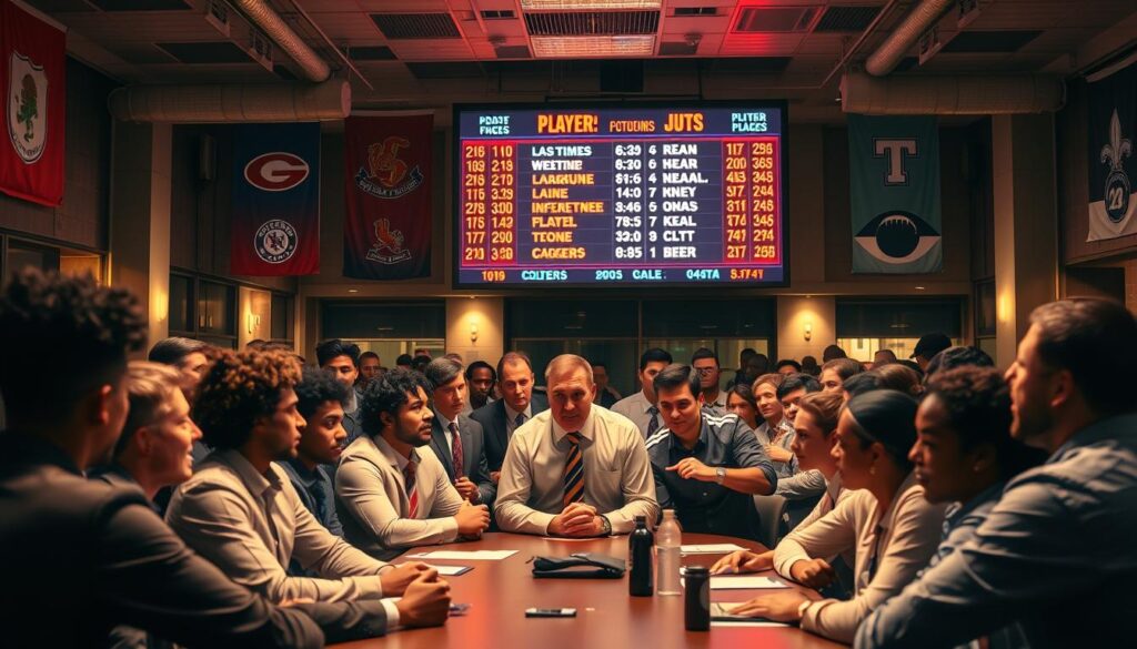 A bustling college football recruitment office at dusk, filled with a sense of urgency and excitement. In the foreground, a diverse group of young athletes—dressed in professional sports attire—gathers around a conference table, engaged in animated discussions with their coaches, who provide guidance in smart business casual clothing. In the middle ground, a large digital scoreboard displays real-time updates of player commitments, highlighting the drama of last-minute decisions with vibrant colors. The background features banners representing various colleges, with warm lighting creating an inviting yet tense atmosphere. The camera angle is slightly above eye level, capturing the eager expressions of the athletes and coaches as they navigate the thrilling pressures of recruiting day. A bustling college football recruitment office at dusk, filled with a sense of urgency and excitement. In the foreground, a diverse group of young athletes—dressed in professional sports attire—gathers around a conference table, engaged in animated discussions with their coaches, who provide guidance in smart business casual clothing. In the middle ground, a large digital scoreboard displays real-time updates of player commitments, highlighting the drama of last-minute decisions with vibrant colors. The background features banners representing various colleges, with warm lighting creating an inviting yet tense atmosphere. The camera angle is slightly above eye level, capturing the eager expressions of the athletes and coaches as they navigate the thrilling pressures of recruiting day.