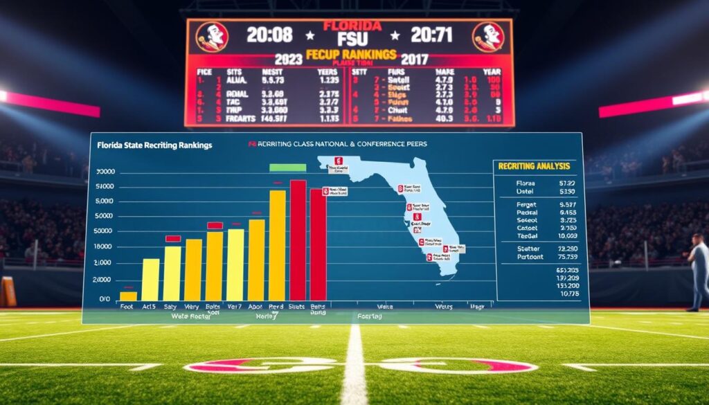 A detailed analysis of Florida State football recruiting rankings, featuring a visually striking infographic design. In the foreground, display a large, clear graph illustrating FSU's recruiting class rankings compared to national and conference peers, with colorful bars representing different metrics. The middle section showcases a digital map highlighting the states of the top recruits, emphasizing Florida. In the background, add a stylish scoreboard displaying FSU's past years' rankings. Use bright, engaging colors to create an energetic atmosphere, with focused lighting to highlight key data points. Capture the essence of competitive sports analysis, evoking excitement and pride in the FSU football program. The scene should be professionally crafted, suitable for a sports article, with no text or logos visible. A detailed analysis of Florida State football recruiting rankings, featuring a visually striking infographic design. In the foreground, display a large, clear graph illustrating FSU's recruiting class rankings compared to national and conference peers, with colorful bars representing different metrics. The middle section showcases a digital map highlighting the states of the top recruits, emphasizing Florida. In the background, add a stylish scoreboard displaying FSU's past years' rankings. Use bright, engaging colors to create an energetic atmosphere, with focused lighting to highlight key data points. Capture the essence of competitive sports analysis, evoking excitement and pride in the FSU football program. The scene should be professionally crafted, suitable for a sports article, with no text or logos visible.