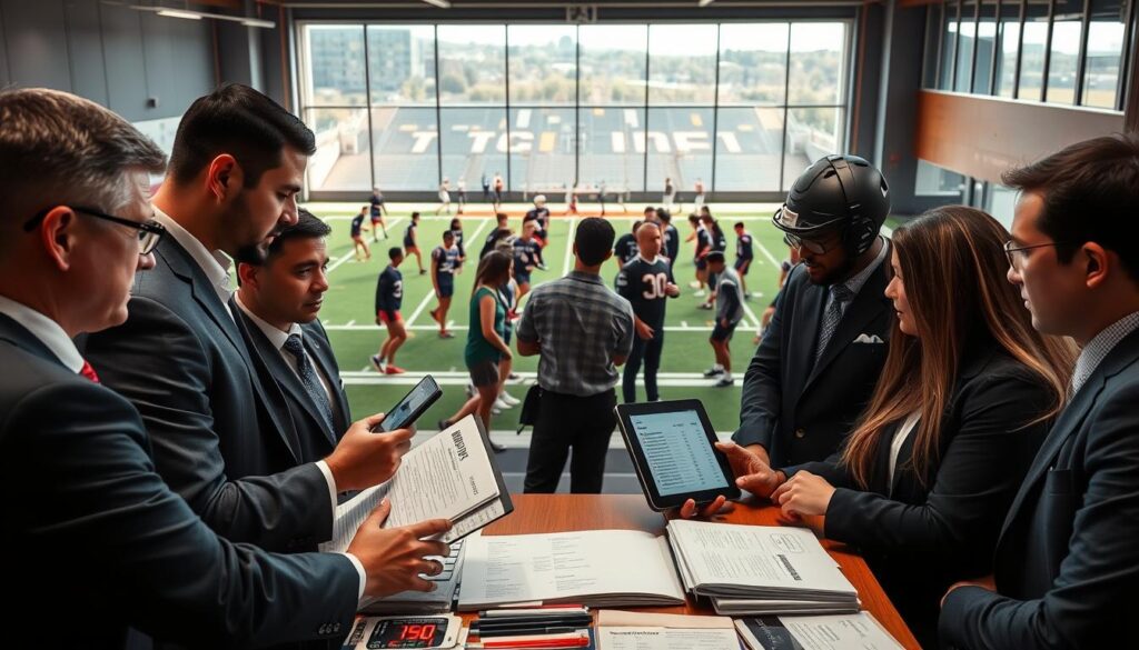 A dynamic scene depicting an intense "recruiting wars" atmosphere set in a modern sports facility. In the foreground, a diverse group of focused college coaches in professional business attire, intently discussing strategies, surrounded by recruitment materials and high-tech tablets showcasing athlete statistics. The middle ground features a vibrant, bustling recruiting event with prospects engaging with coaches, all in modest casual attire, showcasing determination and aspirations. In the background, large windows reveal a training field with athletes in motion, embodying energy and competition. The lighting is bright and engaging, giving a sense of urgency and optimism. The image conveys a vibrant atmosphere of ambition, collaboration, and fierce competition in the recruitment landscape, capturing the essence of what sways prospects in their decision-making process. A dynamic scene depicting an intense "recruiting wars" atmosphere set in a modern sports facility. In the foreground, a diverse group of focused college coaches in professional business attire, intently discussing strategies, surrounded by recruitment materials and high-tech tablets showcasing athlete statistics. The middle ground features a vibrant, bustling recruiting event with prospects engaging with coaches, all in modest casual attire, showcasing determination and aspirations. In the background, large windows reveal a training field with athletes in motion, embodying energy and competition. The lighting is bright and engaging, giving a sense of urgency and optimism. The image conveys a vibrant atmosphere of ambition, collaboration, and fierce competition in the recruitment landscape, capturing the essence of what sways prospects in their decision-making process.