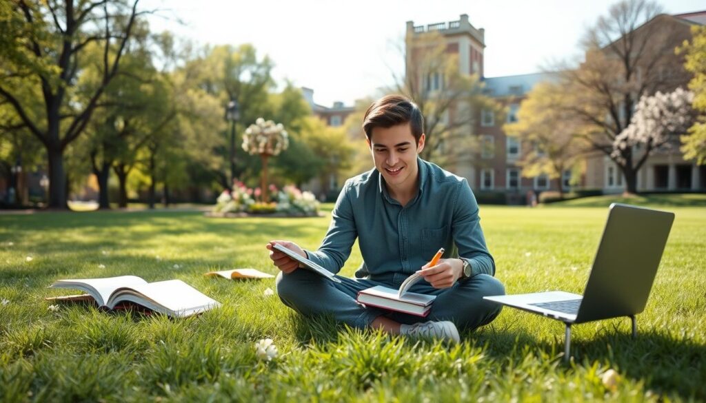 A focused university student engaged in an outdoor study session on a sunny campus lawn, surrounded by open textbooks and a laptop. In the foreground, the student, dressed in smart casual attire with a thoughtful expression, sits cross-legged on the grass, balancing textbooks and notes in one hand while jotting down notes with the other. In the middle, green trees and blooming flowers provide a vibrant campus atmosphere, symbolizing spring. In the background, a historic university building stands, partially in shadow but well-lit by soft afternoon sunlight. The scene should convey a sense of calm yet productive energy, reflecting the dual challenge of practicing for spring sports while adjusting to academic life. Natural lighting to enhance the warmth of the day.