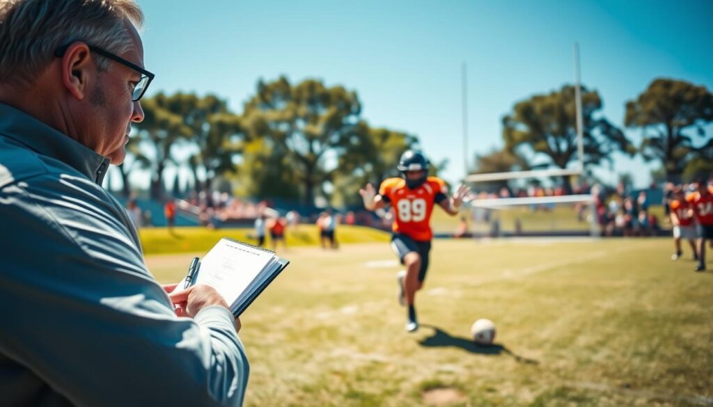 A football scout evaluating a player on a sunny afternoon at a vibrant sports field. In the foreground, a focused scout in professional attire, holding a notepad and pen, observes a young football player demonstrating skills. The scout’s intense gaze captures the player's movements as he runs drills, showcasing agility and precision. In the middle, the football player is in mid-action, performing a swift maneuver, wearing a vibrant team jersey and athletic shorts. The background features a cheering crowd, blurred out, with trees and goalposts under a clear blue sky. The scene is illuminated by natural sunlight, creating a warm and energizing atmosphere, emphasizing the excitement of the evaluation process. Use a wide-angle lens to capture the lively action and focus on the details of the scout's observations. A football scout evaluating a player on a sunny afternoon at a vibrant sports field. In the foreground, a focused scout in professional attire, holding a notepad and pen, observes a young football player demonstrating skills. The scout’s intense gaze captures the player's movements as he runs drills, showcasing agility and precision. In the middle, the football player is in mid-action, performing a swift maneuver, wearing a vibrant team jersey and athletic shorts. The background features a cheering crowd, blurred out, with trees and goalposts under a clear blue sky. The scene is illuminated by natural sunlight, creating a warm and energizing atmosphere, emphasizing the excitement of the evaluation process. Use a wide-angle lens to capture the lively action and focus on the details of the scout's observations.