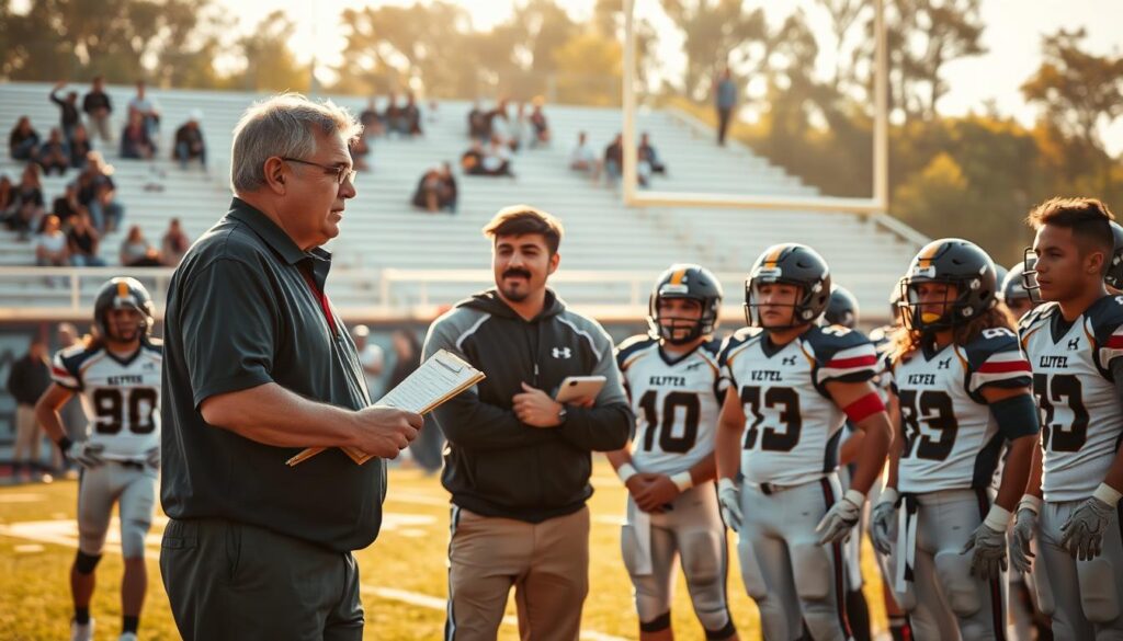 A high school football coach stands confidently on the sidelines, surrounded by a diverse group of enthusiastic student athletes, all wearing team uniforms. The foreground features the coach, a middle-aged man with a clipboard, gesturing animatedly as he discusses strategies with the players. In the middle, the athletes are engaged, showcasing a range of emotions from determination to eagerness, reflecting their strong bond with the coach. The background reveals a sunlit football field with goalposts, bleachers filled with supportive parents. The lighting is warm and inviting, hinting at a late afternoon sun, while the angle captures the intimacy of the coach’s mentorship. The mood is spirited and focused, highlighting the importance of relationships in local recruitment. A high school football coach stands confidently on the sidelines, surrounded by a diverse group of enthusiastic student athletes, all wearing team uniforms. The foreground features the coach, a middle-aged man with a clipboard, gesturing animatedly as he discusses strategies with the players. In the middle, the athletes are engaged, showcasing a range of emotions from determination to eagerness, reflecting their strong bond with the coach. The background reveals a sunlit football field with goalposts, bleachers filled with supportive parents. The lighting is warm and inviting, hinting at a late afternoon sun, while the angle captures the intimacy of the coach’s mentorship. The mood is spirited and focused, highlighting the importance of relationships in local recruitment.
