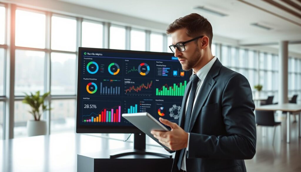 A modern recruiting analytics dashboard displayed on a sleek, high-resolution monitor. In the foreground, the screen presents vibrant graphs, charts, and metrics illustrating player performance and recruitment statistics. Symbols of data analysis like magnifying glasses and gears subtly incorporated. The middle section shows a professional-looking individual, dressed in business attire, thoughtfully analyzing the data with a tablet in hand, focused and engaged. In the background, a bright, minimalist office environment with large windows allowing natural light to cascade in, creating a productive atmosphere. The overall mood conveys professionalism and high-tech efficiency, suitable for a sports analytics setting, with a soft-focus effect on the surrounding elements to emphasize the dashboard. A modern recruiting analytics dashboard displayed on a sleek, high-resolution monitor. In the foreground, the screen presents vibrant graphs, charts, and metrics illustrating player performance and recruitment statistics. Symbols of data analysis like magnifying glasses and gears subtly incorporated. The middle section shows a professional-looking individual, dressed in business attire, thoughtfully analyzing the data with a tablet in hand, focused and engaged. In the background, a bright, minimalist office environment with large windows allowing natural light to cascade in, creating a productive atmosphere. The overall mood conveys professionalism and high-tech efficiency, suitable for a sports analytics setting, with a soft-focus effect on the surrounding elements to emphasize the dashboard.