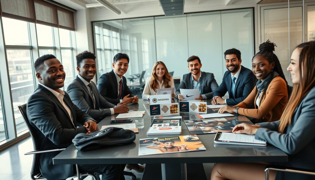 A professional setting showcasing a diverse group of college athletes in business attire, seated around a sleek conference table, discussing potential Name, Image, and Likeness (NIL) deals. The foreground features young male and female athletes actively engaging, with facial expressions of enthusiasm and determination. In the middle, there are digital mockups of various branded products and promotional materials scattered across the table, hinting at lucrative opportunities. The background displays a modern office environment with large windows allowing natural light to pour in, creating an optimistic atmosphere. The scene is captured from a slightly elevated angle, emphasizing collaboration and the excitement of newfound opportunities in the NIL era, with warm and inviting lighting that enhances the professional yet dynamic mood.