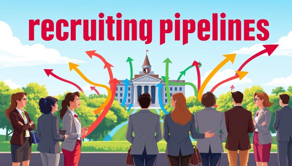 A symbolic depiction of "recruiting pipelines" showcasing a vibrant, interconnected network representing high school alumni paths leading to Florida State University. In the foreground, illustrated diverse high school students in professional business attire, engaged in collaborative discussions, exchanging ideas with enthusiasm. In the middle ground, a dynamic flow of colorful arrows leading toward a grand university building, symbolizing various academic disciplines, with the illustrious FSU logo subtly integrated. The background features a bright blue sky and lush green trees, conveying a sense of growth and opportunity. The lighting is warm and inviting, casting soft shadows to enhance depth, while the angle captures an expansive view, emphasizing connectivity and the strength of relationships nurtured through these pipelines. The overall atmosphere is optimistic and inspiring, embodying the spirit of mentorship and collaboration.
