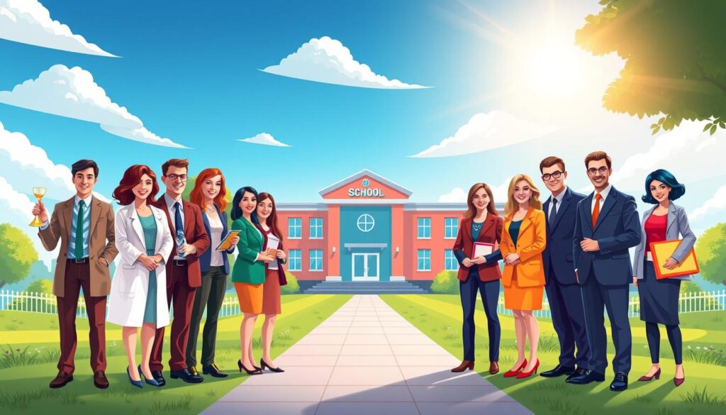 A vibrant and dynamic illustration depicting a high school alumni pipeline, emphasizing famous alumni. In the foreground, a diverse group of well-dressed professionals, representing different fields such as science, arts, and business, stand proudly together, each holding symbols of their achievements (e.g., awards, books, a diploma). The middle ground showcases a stylized high school building and a pathway leading to a university, symbolizing the journey of education and success. In the background, a bright blue sky with fluffy clouds creates an uplifting atmosphere, while subtle rays of sunlight filter through, casting warm highlights. The composition reflects a sense of pride, ambition, and inspiration, inviting viewers to celebrate the legacy of remarkable alumni.