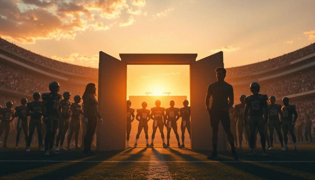A vibrant college sports scene depicting an abstract representation of portal losses. In the foreground, a symbolic open door or portal surrounded by silhouettes of departing players, dressed in professional sports attire, fading into the background. The middle ground features a diverse group of new recruits, standing confidently and ready to fill the gaps, showcasing various athletic poses. In the background, a dynamic stadium filled with enthusiastic fans, under a warm sunset sky, casting a golden hue, creating a hopeful atmosphere. The focus on the portal symbolizes transition and change, while the lighting enhances the contrast between loss and potential, emphasizing the theme of renewal in college sports. The perspective should be slightly angled for depth, capturing both the emotional weight of the portal and the anticipation of fresh talent.