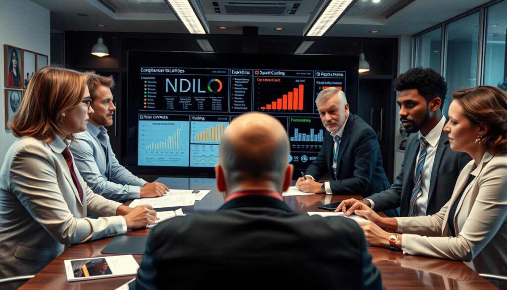 A visually striking image representing compliance challenges in the NIL era. In the foreground, a diverse group of professionals in business attire, engaged in a discussion around a table, with documents and charts illustrating NIL regulations. In the middle ground, a large digital screen displays graphs and compliance checklists, with concerned expressions on the faces of the individuals. The background features a modern office environment with subtle sports-themed decor, hinting at college athletics. The lighting is bright and professional, emphasizing a serious yet collaborative atmosphere, captured at a wide angle for depth. The overall mood reflects the tension and urgency of navigating compliance in the changing landscape of college sports.