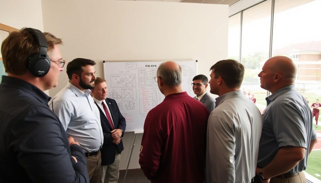 A behind-the-scenes glimpse into Florida State University’s recruiting process. In the foreground, show a dynamic group of coaches and players engaged in a focused discussion. The coaches are dressed in professional business attire, while the players wear modest casual clothing. In the middle ground, a whiteboard filled with strategic diagrams and player statistics highlights the analysis and teamwork involved. The background showcases the iconic FSU campus facilities, with a hint of the football field under soft, natural lighting that evokes a sense of optimism and dedication. Capture a close angle that emphasizes the intensity and collaboration in this critical moment, reinforcing the atmosphere of professionalism and commitment to recruitment success.