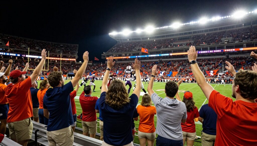 A dramatic night scene at Doak Campbell Stadium, showcasing an electrifying college football moment. The foreground features a diverse group of excited fans in team colors, arms raised in celebration, wearing modest casual clothing. In the middle, the football field is illuminated by bright stadium lights, with players in dynamic poses, one in the act of a game-winning goal-line stand. The background displays a packed stadium, with vibrant banners and flags waving, capturing the energy of the crowd. The atmosphere is filled with tension and excitement, emphasizing a pivotal game moment. The lighting is warm and dramatic, creating vivid contrasts, while the angle is slightly low to enhance the action-packed scene. A dramatic night scene at Doak Campbell Stadium, showcasing an electrifying college football moment. The foreground features a diverse group of excited fans in team colors, arms raised in celebration, wearing modest casual clothing. In the middle, the football field is illuminated by bright stadium lights, with players in dynamic poses, one in the act of a game-winning goal-line stand. The background displays a packed stadium, with vibrant banners and flags waving, capturing the energy of the crowd. The atmosphere is filled with tension and excitement, emphasizing a pivotal game moment. The lighting is warm and dramatic, creating vivid contrasts, while the angle is slightly low to enhance the action-packed scene.