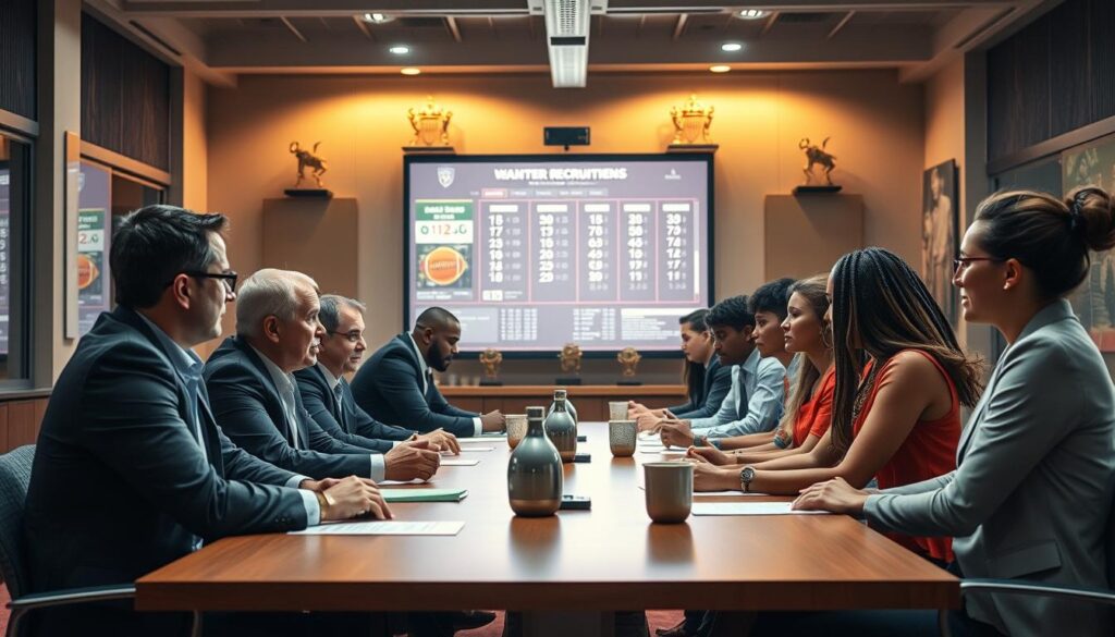 A dynamic scene capturing an indoor sports recruitment meeting. In the foreground, a diverse group of coaches and players, both male and female, sit at a conference table, engaged in a serious discussion. Coaches are in professional business attire while players are dressed in stylish, modest casual clothing. In the middle ground, a large screen displays statistics and highlights of past games, illuminated with soft, focused lighting. The background features trophies and banners, symbolizing success and ambition in sports. Use warm, inviting light to create an atmosphere of collaboration and encouragement, emphasizing the importance of recruitment and transfer strategies. The shot is from a slightly elevated angle, providing a clear view of the interactions at the table while maintaining a professional and motivational vibe throughout the image.