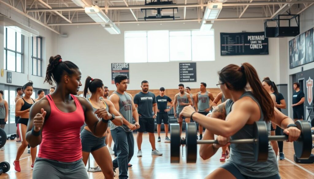A dynamic scene capturing the essence of offseason preparation for a sports team. In the foreground, a diverse group of athletes in modest athletic wear are engaged in a strength training session, lifting weights and performing exercises with focused expressions. In the middle ground, a coach in professional sports attire is demonstrating an exercise, while other team members are seen collaborating and discussing strategies. The background features a spacious gymnasium with bright overhead lighting, large windows allowing natural light to flood in, and motivational posters on the walls. The atmosphere is filled with energy and determination, conveying the importance of teamwork and hard work during the offseason. The lens captures the action from a slightly elevated angle, emphasizing the athletes' commitment and the collective spirit of preparation.