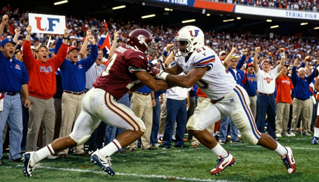 A dynamic scene capturing the intensity of the 1996 UF rivalry championship game. In the foreground, two players in authentic vintage football uniforms, one from Florida State and the other from Florida, engage in a fierce tackle, showcasing their athleticism and determination. The middle ground features excited fans clad in team colors, waving banners and cheering, their faces filled with anticipation. In the background, a stadium filled with energetic spectators under bright stadium lights creates an electrifying atmosphere. The angle is slightly low, emphasizing the players’ intensity and the grandeur of the moment. The overall mood is charged with rivalry and excitement, reflecting the essence of a classic football showdown. A dynamic scene capturing the intensity of the 1996 UF rivalry championship game. In the foreground, two players in authentic vintage football uniforms, one from Florida State and the other from Florida, engage in a fierce tackle, showcasing their athleticism and determination. The middle ground features excited fans clad in team colors, waving banners and cheering, their faces filled with anticipation. In the background, a stadium filled with energetic spectators under bright stadium lights creates an electrifying atmosphere. The angle is slightly low, emphasizing the players’ intensity and the grandeur of the moment. The overall mood is charged with rivalry and excitement, reflecting the essence of a classic football showdown.